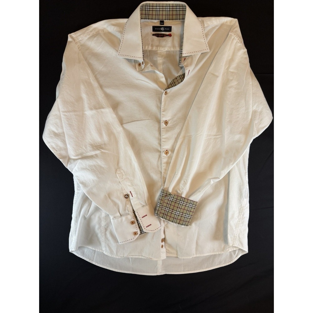 White Stone Rose Men's Fashion Long Sleeve Dress Shirt with Plaid Contrast, XXL
